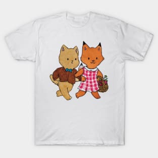 cat and fox strawberry cottagecore illustration T-Shirt